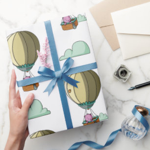 Cute Pink Bear in Hot Air Balloon Illustrated Gift Wrapping Paper