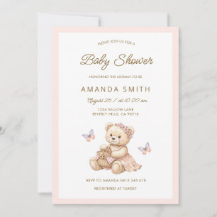 Cute Pink Bear Picnic Baby Shower Invitation