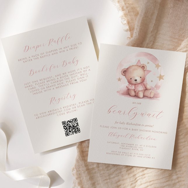 Cute Pink Bear QR Code Girl Baby Shower Invitation (Creator Uploaded)