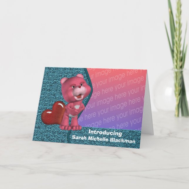 Cute Pink Bear Red Heart New Baby Photo Card (Front)