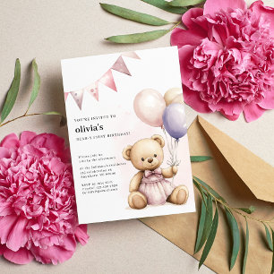 Cute Pink Bear-Y First Birthday Party Invite