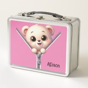 Cute Pink Bear Zipper Effect Metal Lunch Box