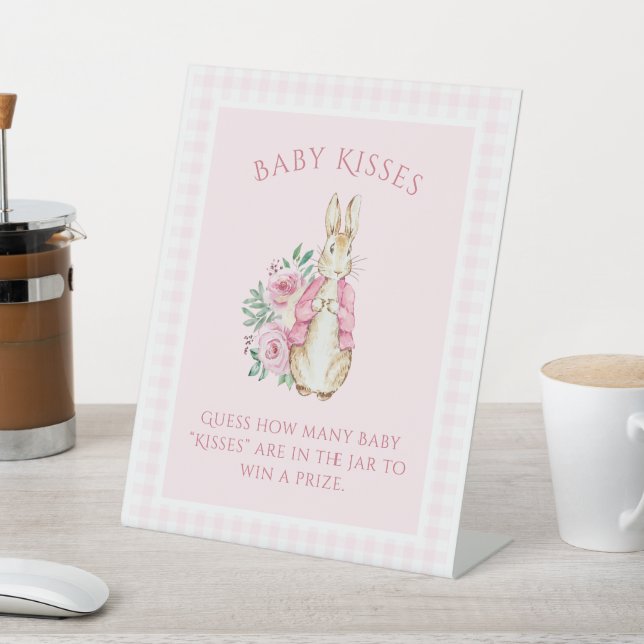 Cute Pink Beatrix Potter Rabbit Floral Baby Shower Pedestal Sign (In SItu)