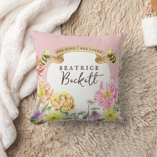 Cute Pink Bee and Wildflower Birthday Keepsake Cushion (Blanket)