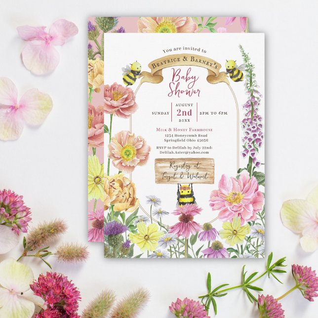 Cute Pink Bee and Wildflower Coed Baby Shower  Invitation (Creator Uploaded)