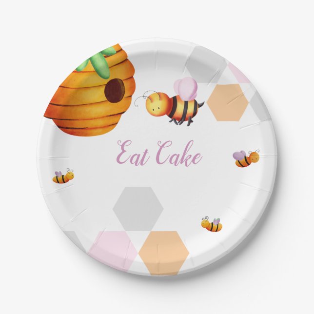 Cute Pink Bee Baby Shower Paper Plate (Front)