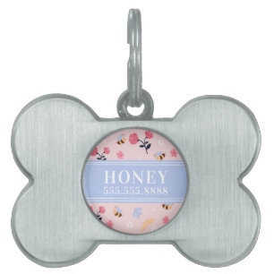 Cute Pink Bee Floral Name Monogram Framed Pet ID Tag