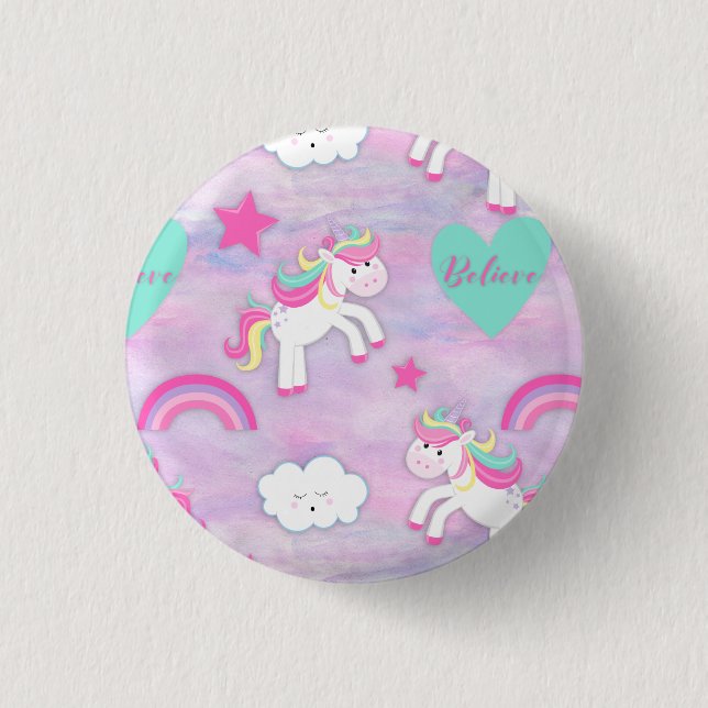 Cute Pink Believe in Unicorns 3 Cm Round Badge (Front)