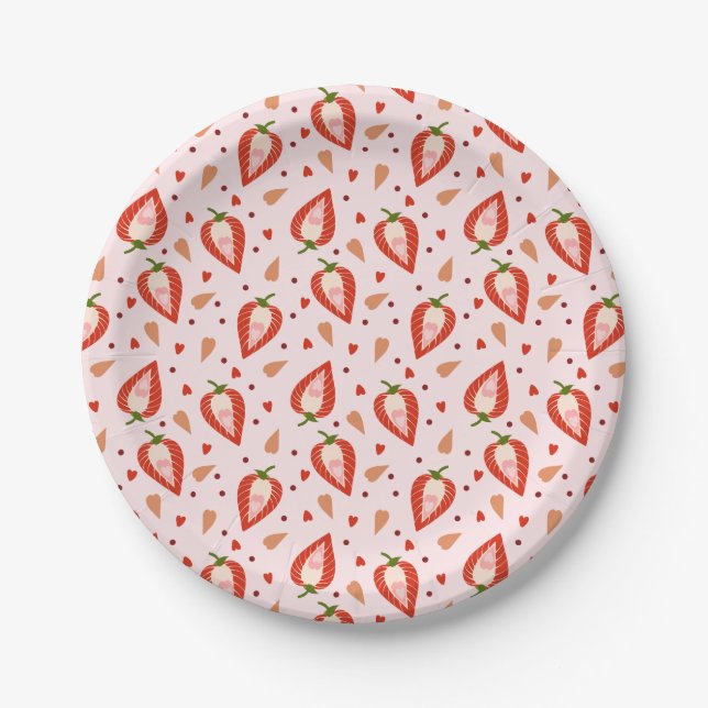 Cute Pink Berry Sweet Strawberry Pattern Birthday Paper Plate (Front)