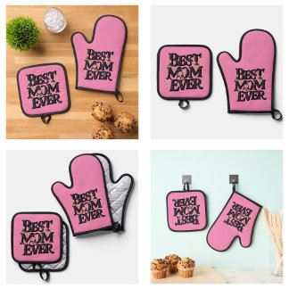 Cute Pink Best Mum Ever Oven Mitt & Pot Holder Set