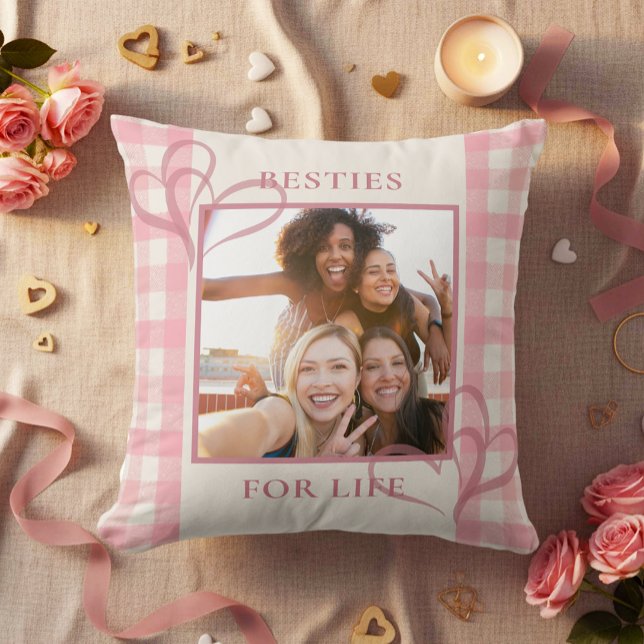 Cute Pink Besties For Life Photo Galentine's Day Cushion (Creator Uploaded)