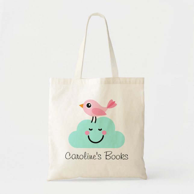 Cute pink bird and cloud personalised library tote bag (Front)