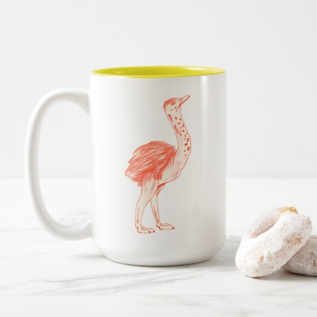 Cute Pink Bird Artistic Baby Ostrich Two-Tone Coffee Mug (With Donut)