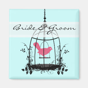 Cute Pink Bird Bride & Groom Wedding Badge button Magnet