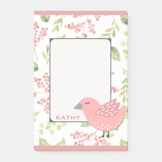Cute Pink Bird Floral Post-it Notes (Front)