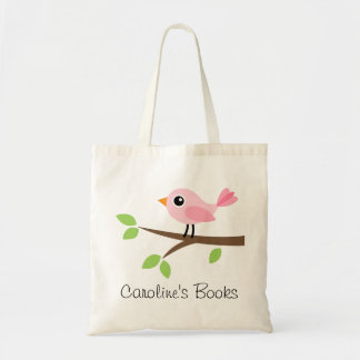 Cute pink bird girls personalised library book tote bag