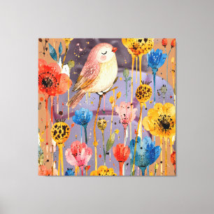 Cute Pink Bird in Vibrant Floral Watercolor Garden Canvas Print