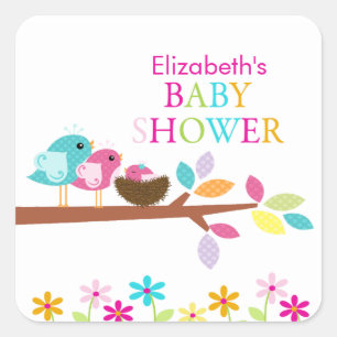 Cute Pink Bird Nest Thank You Baby Shower Square Square Sticker