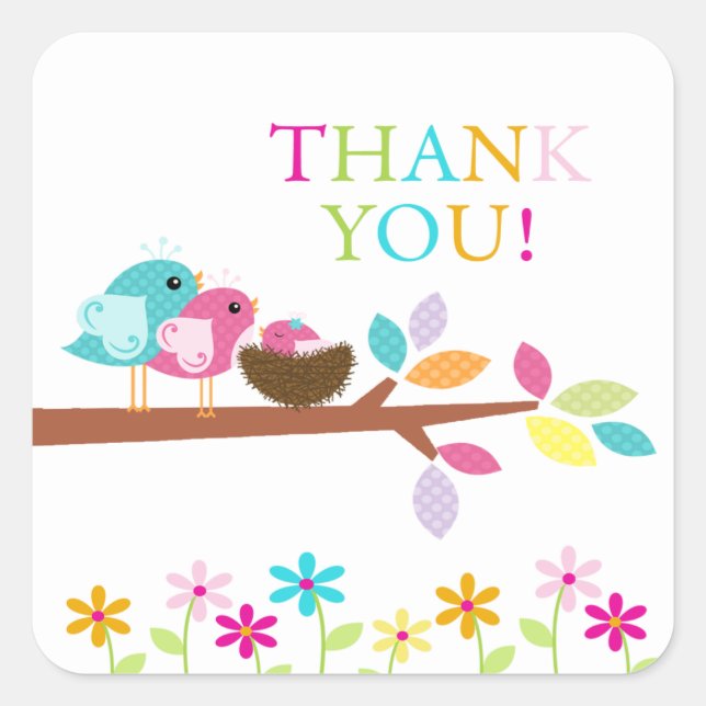 Cute Pink Bird Nest Thank You Baby Shower Square Square Sticker (Front)