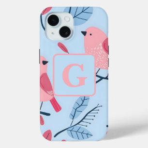 Cute pink bird on light blue personalised monogram iPhone 15 case