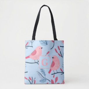 Cute pink bird on light blue personalised monogram tote bag