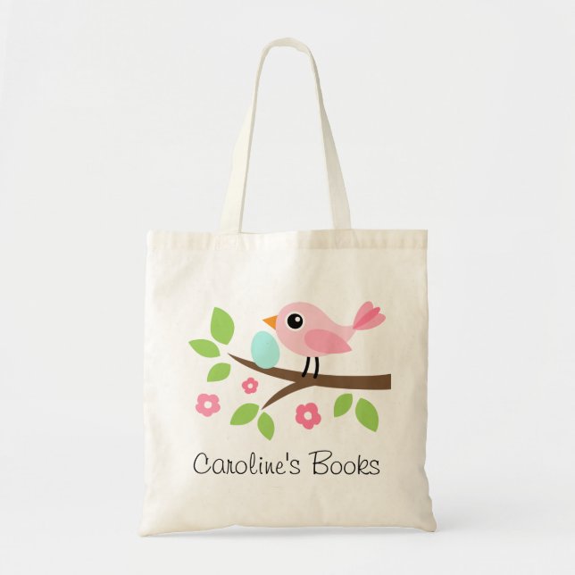 Cute pink bird with egg personalised library book tote bag (Front)