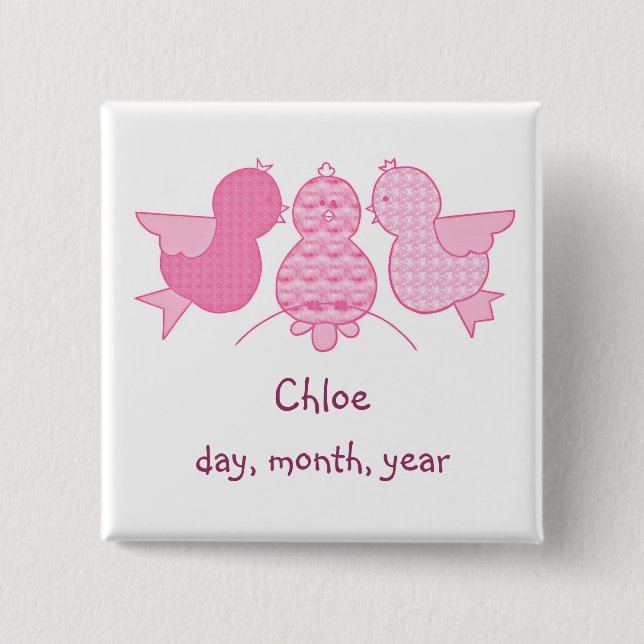 Cute Pink Birds Baby Girl Birth Announcement 15 Cm Square Badge (Front)