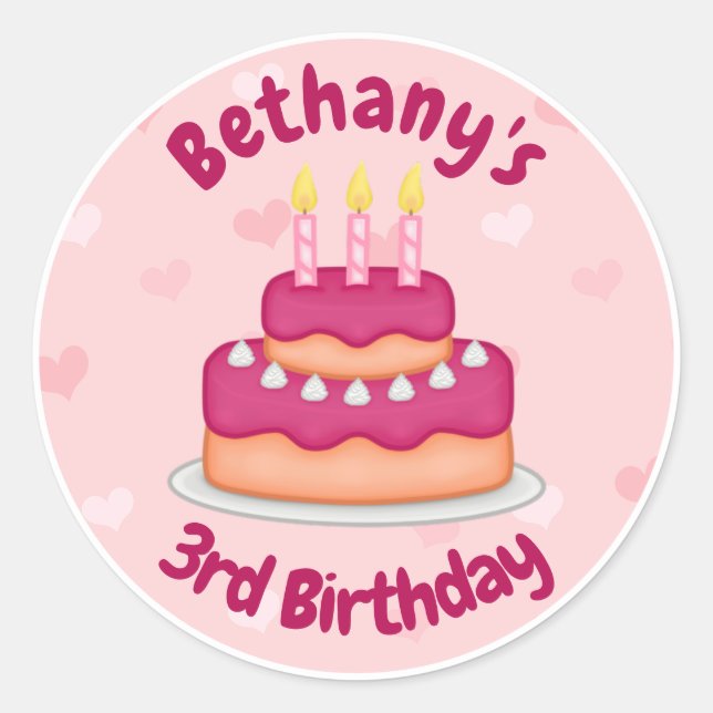 Cute Pink Birthday Cake 3 Candles for 3rd Birthday Classic Round Sticker (Front)