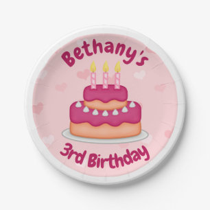Cute Pink Birthday Cake 3 Candles for 3rd Birthday Paper Plate