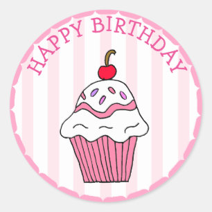 Cute Pink Birthday Cupcake Classic Round Sticker