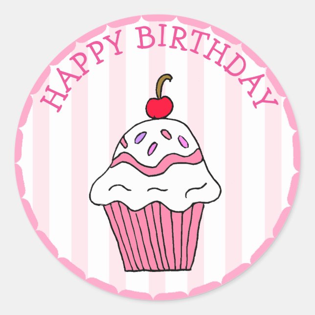 Cute Pink Birthday Cupcake Classic Round Sticker (Front)
