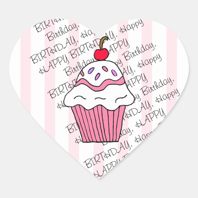 Cute Pink Birthday Cupcake Heart Sticker (Front)