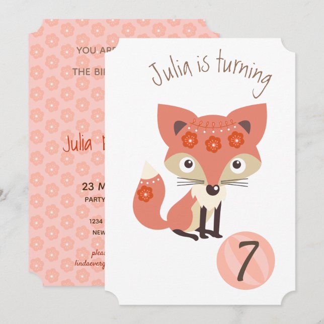 Cute Pink Birthday Fox Invitation (Front/Back)