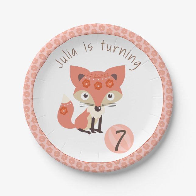 Cute Pink Birthday Fox Paper Plate (Front)