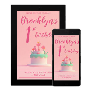Cute Pink Birthday Party Invite Cake And Flowers