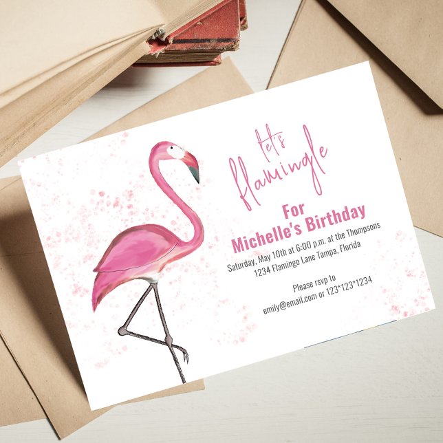 Cute Pink Birthday Party Let's Flamingle  Invitation (Let's flamingle cool typography birthday invitation.)