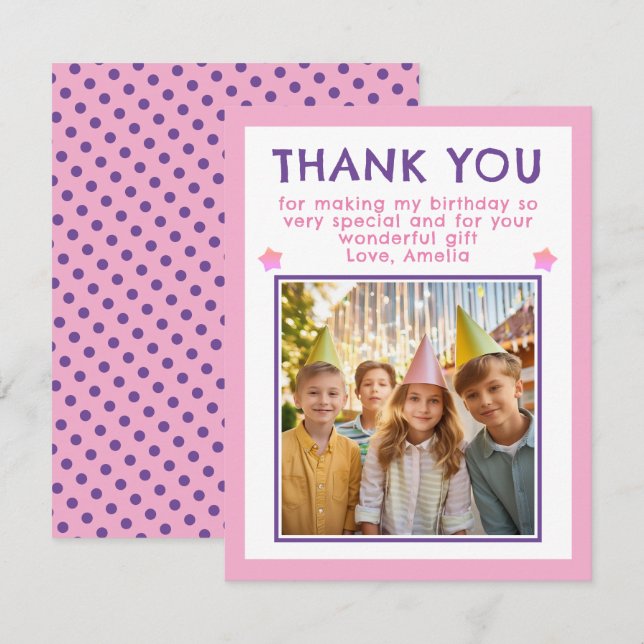 Cute Pink Birthday Photo Thank You Card (Front/Back)
