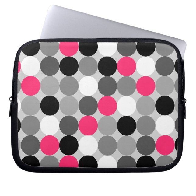 Cute pink black and white dots vector pattern laptop sleeve (Front)