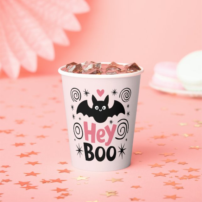 Cute Pink & Black Boo Bat Halloween Party Paper Cups (Insitu)