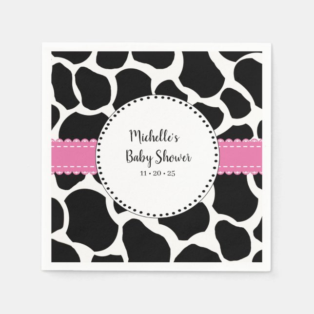Cute Pink Black Cow Print  Name Paper Napkins (Front)