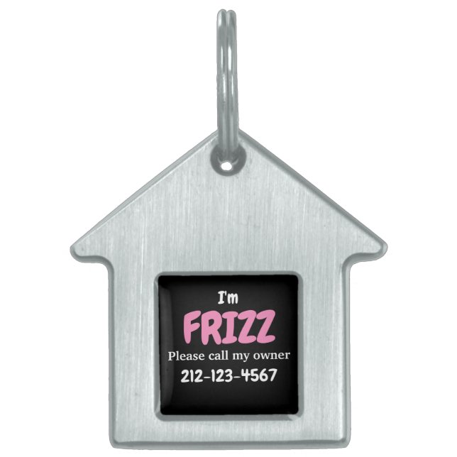Cute Pink Black Custom Dog House Shaped Pet ID Tag (Front)