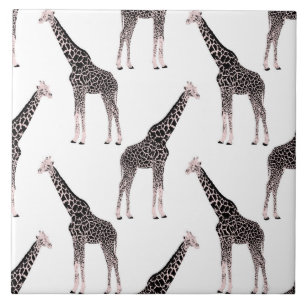 Cute Pink & Black Giraffe Animal White Design Tile