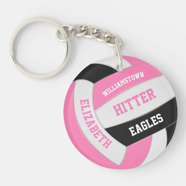 cute pink black girly personalised volleyball key ring (Front)