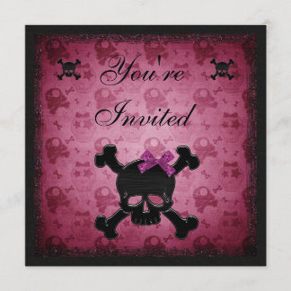Cute Pink & Black Gothic Skulls Birthday Invites