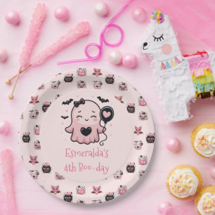 Cute Pink & Black Halloween Ghost Birthday Party Paper Plate