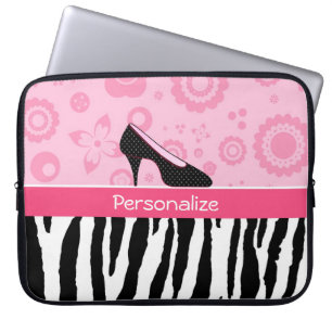 Cute Pink Black Shoes Trendy Zebra Print With Name Laptop Sleeve