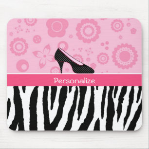 Cute Pink Black Shoes Trendy Zebra Print With Name Mouse Mat