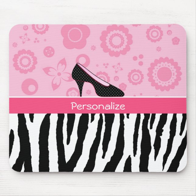 Cute Pink Black Shoes Trendy Zebra Print With Name Mouse Mat (Front)
