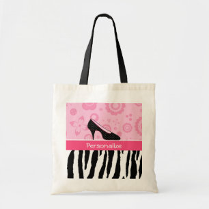 Cute Pink Black Shoes Trendy Zebra Print With Name Tote Bag