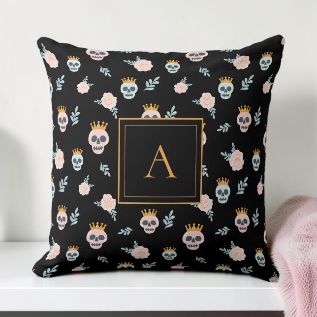 Cute Pink Black Skull Pattern Monogram Halloween Cushion (Cute Pink Black Skull Pattern Monogram Halloween Throw Pillow)
